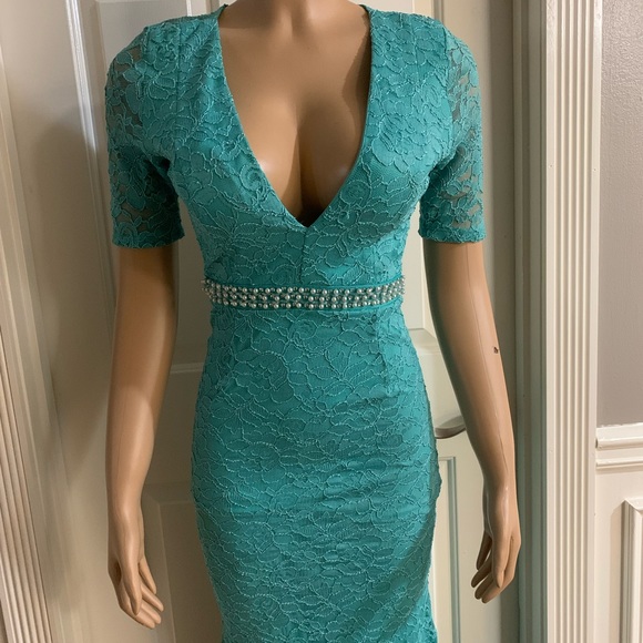 Women junior blue green lace bodycon mermaid maxi dress size (S) zipper back - Picture 6 of 14